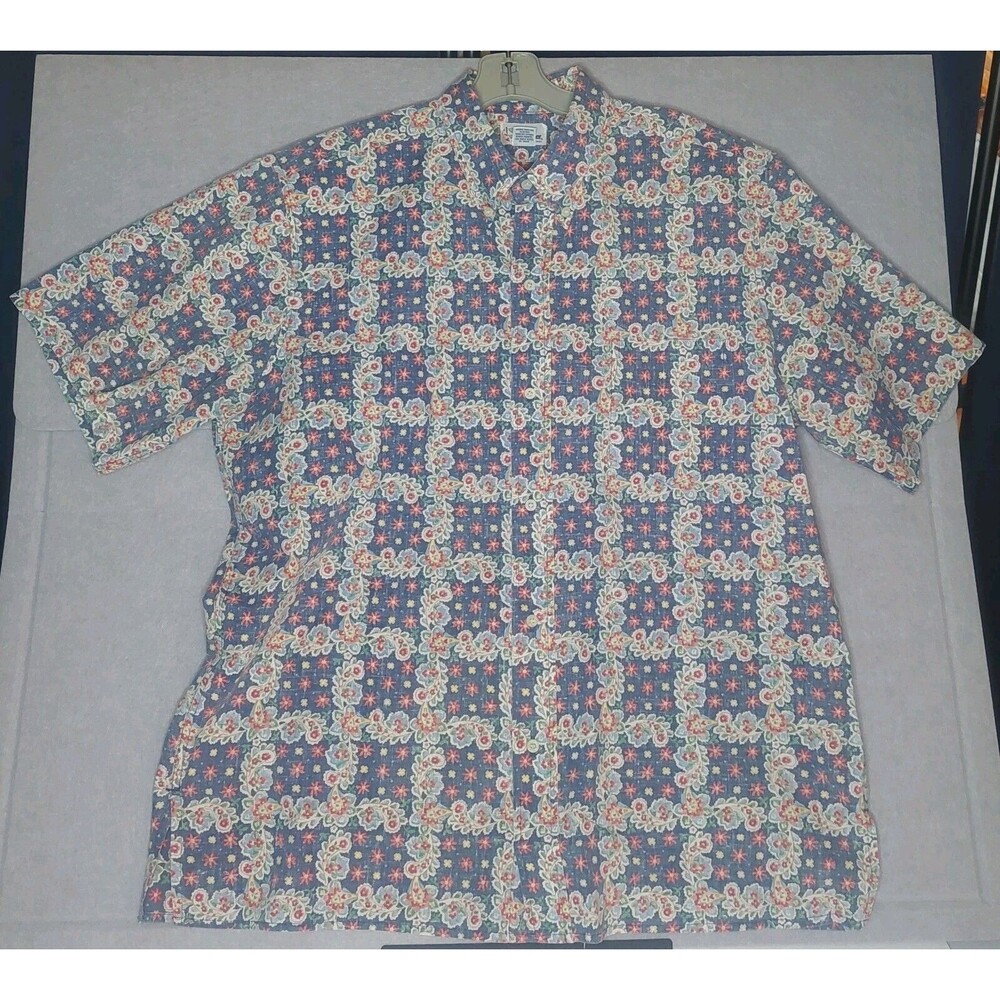 Reyn Spooner Hawaiian Shirt Blue Small Red Daisy Mulitple Floral Size X Large